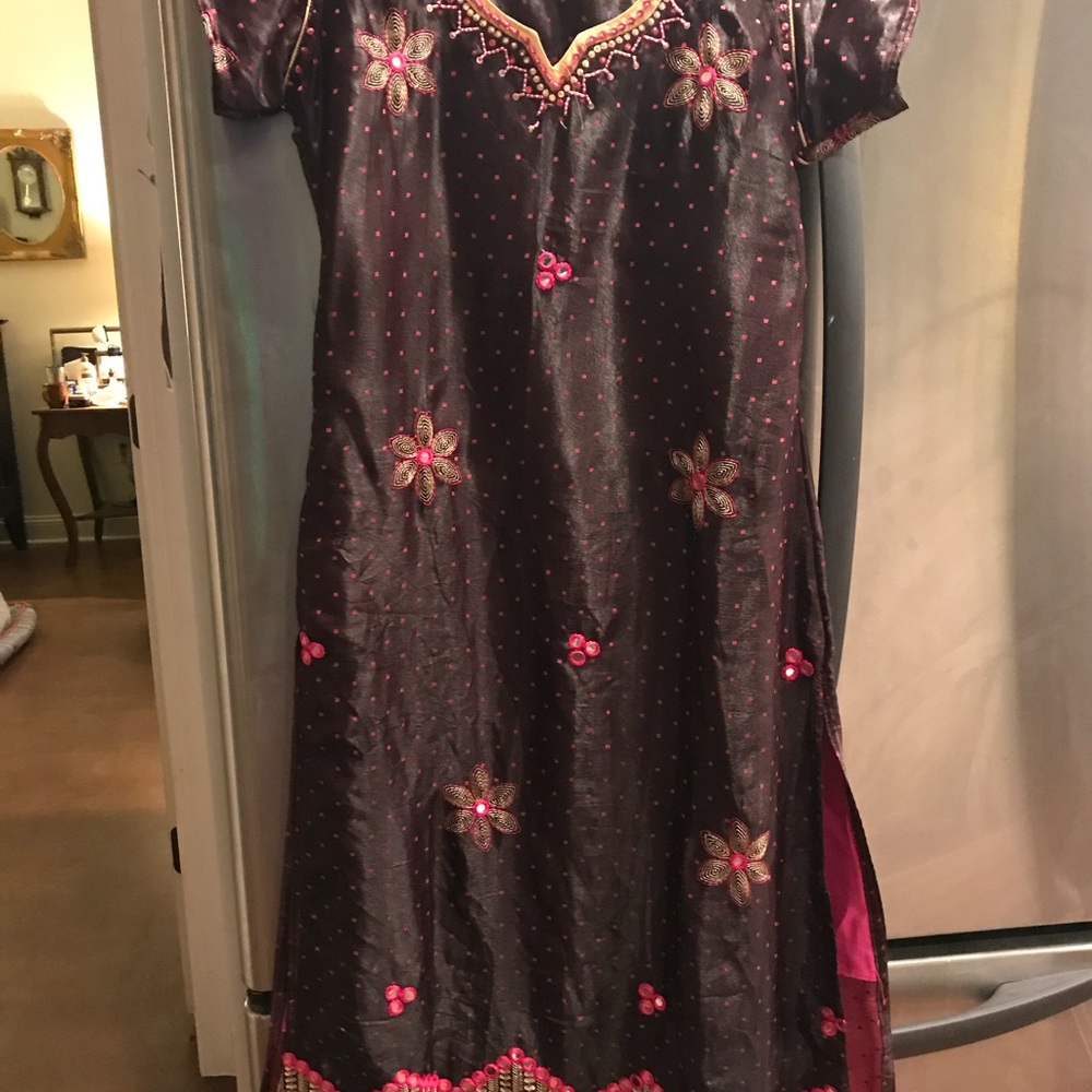 Silk Dress made in India. Purple/Pink Beaded.